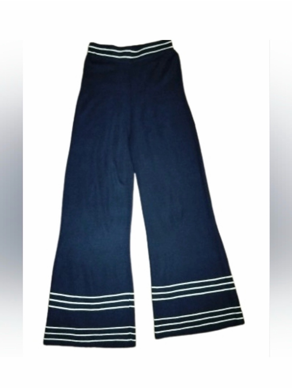 Women's Navy Wide-Leg Knit Joggers with White Stripe Trim
